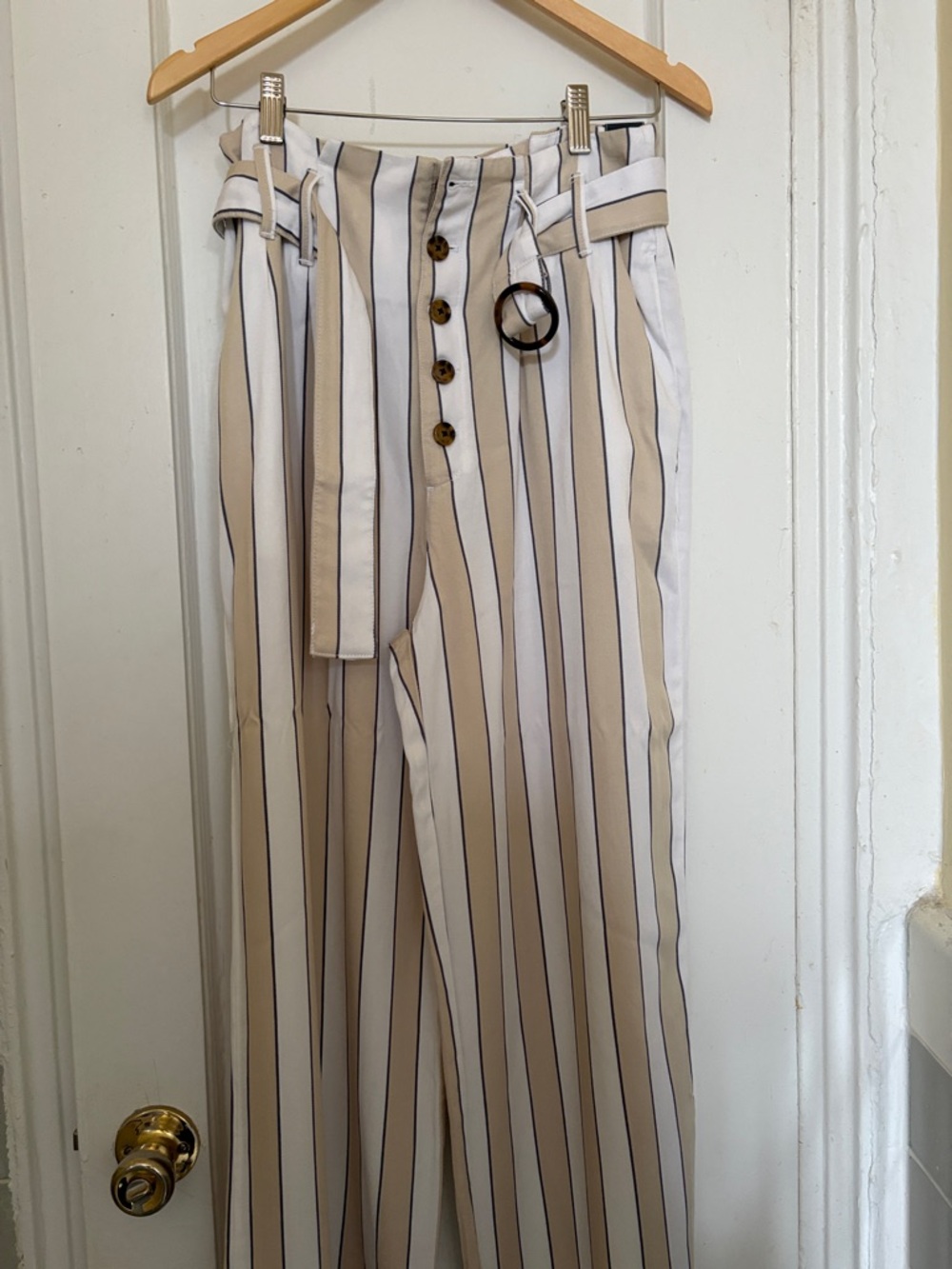 Abercrombie & Fitch Beige and White Vertical-Striped Paperbag Trousers